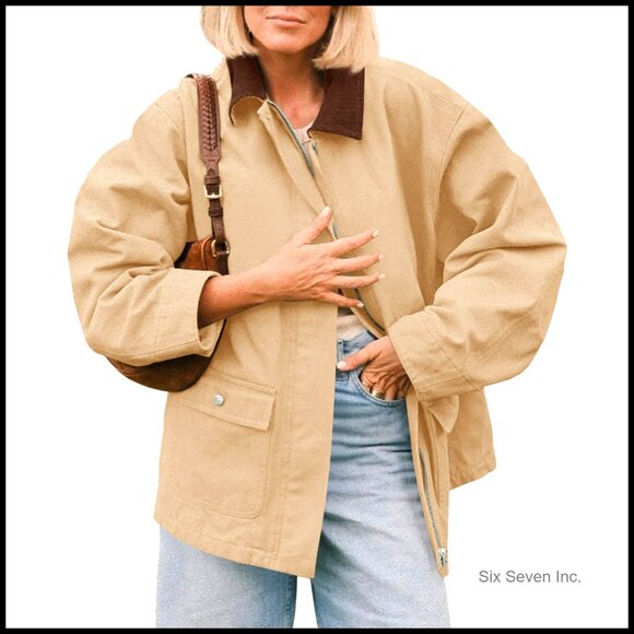 Oversized Barn Jacket Zip Up Military Safari Vintage Trench Coat with Pockets